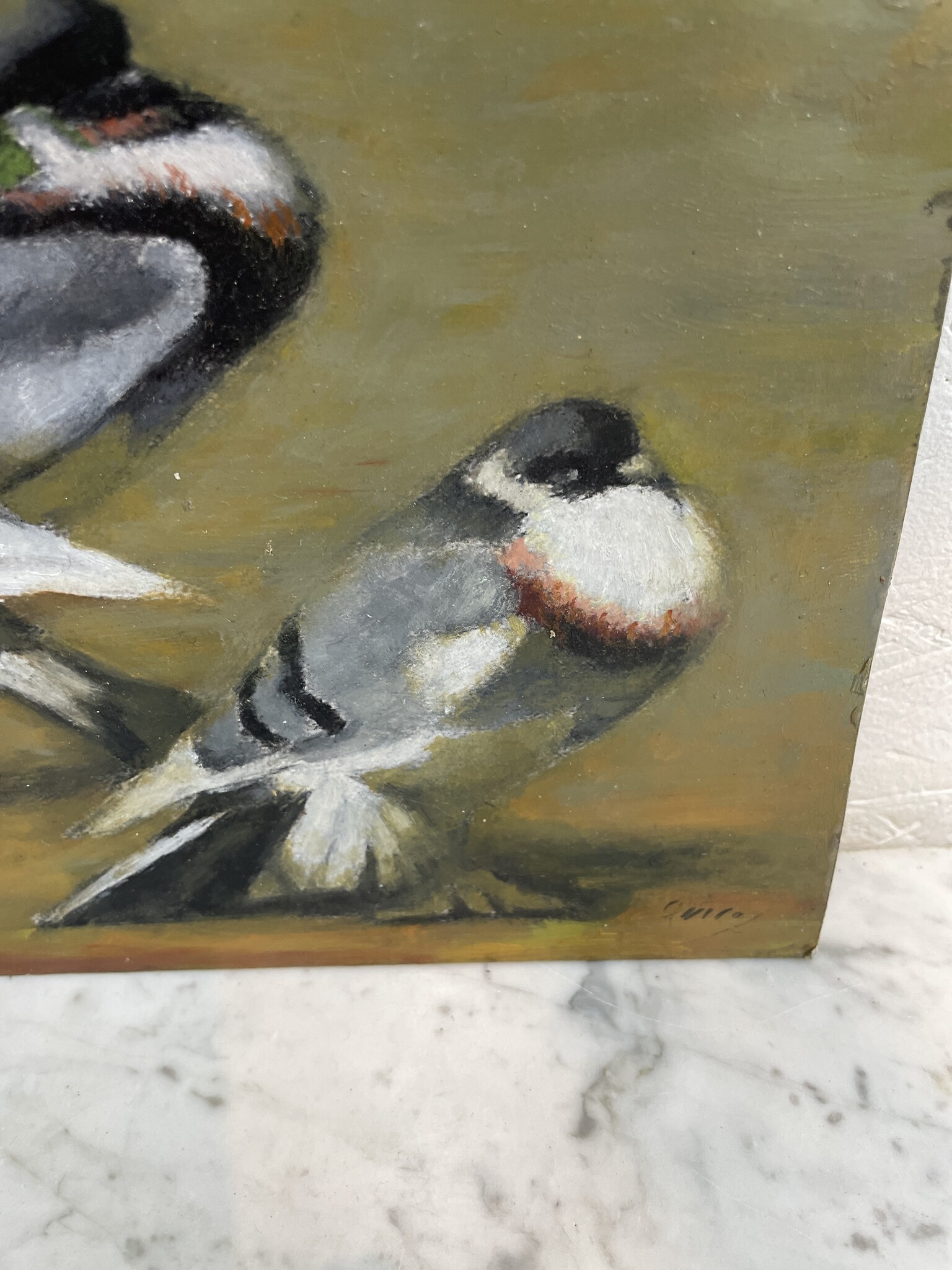 Schilderij van vijf duifjes op de grond