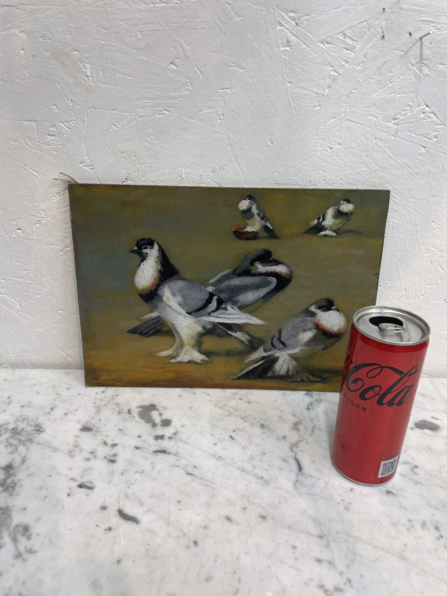 Painting of  five pigeons on the ground