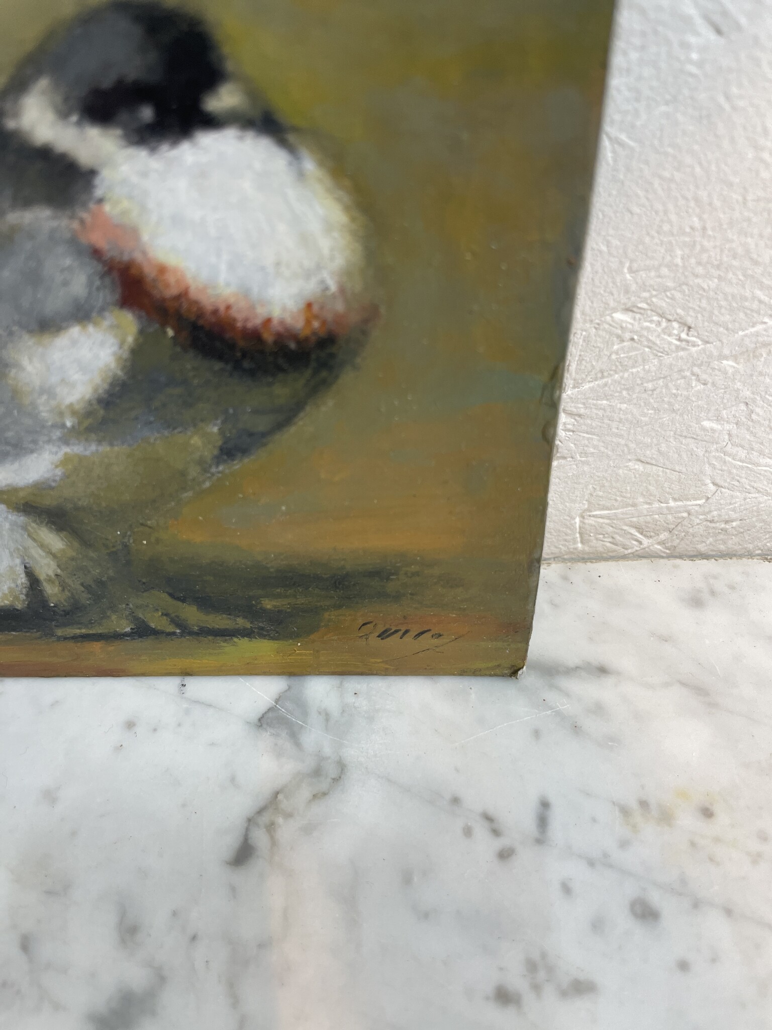 Painting of  five pigeons on the ground