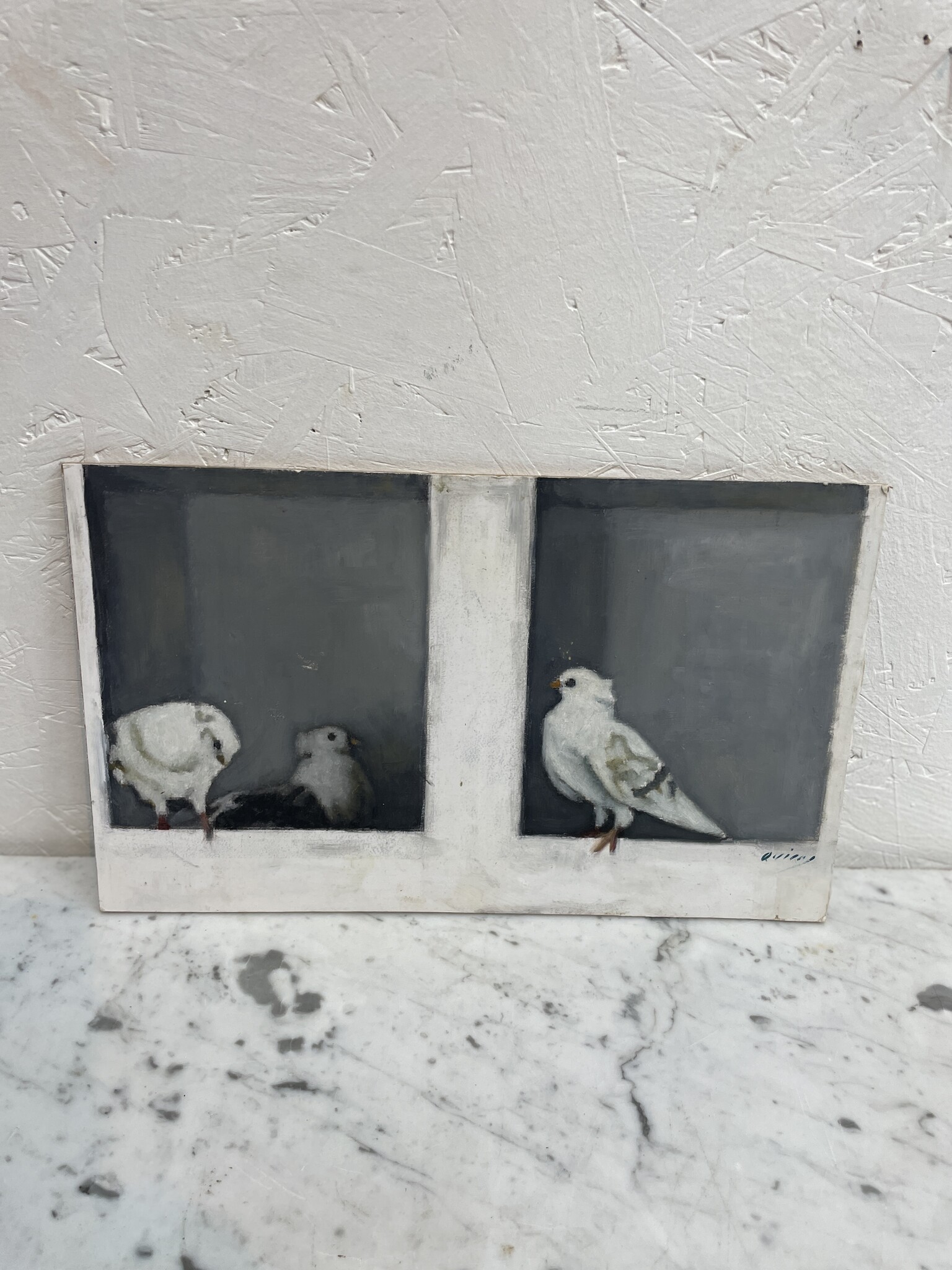 Schilderij van witte duifjes in een hokje