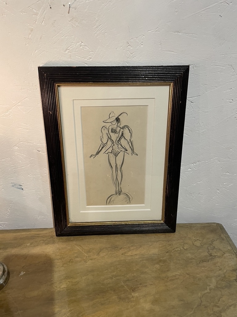 Drawing of circus lady balancing on a bal, Robert Lepeltier,  in lovely old frame