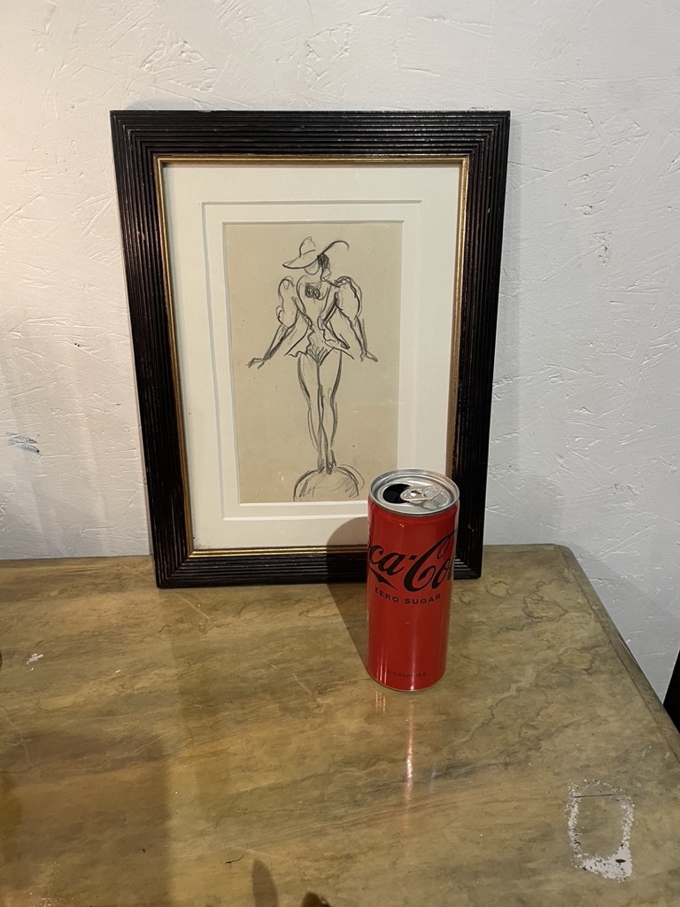 Tekening van Circus artieste op bal, Robert Lepeltier, in mooie oude lijst