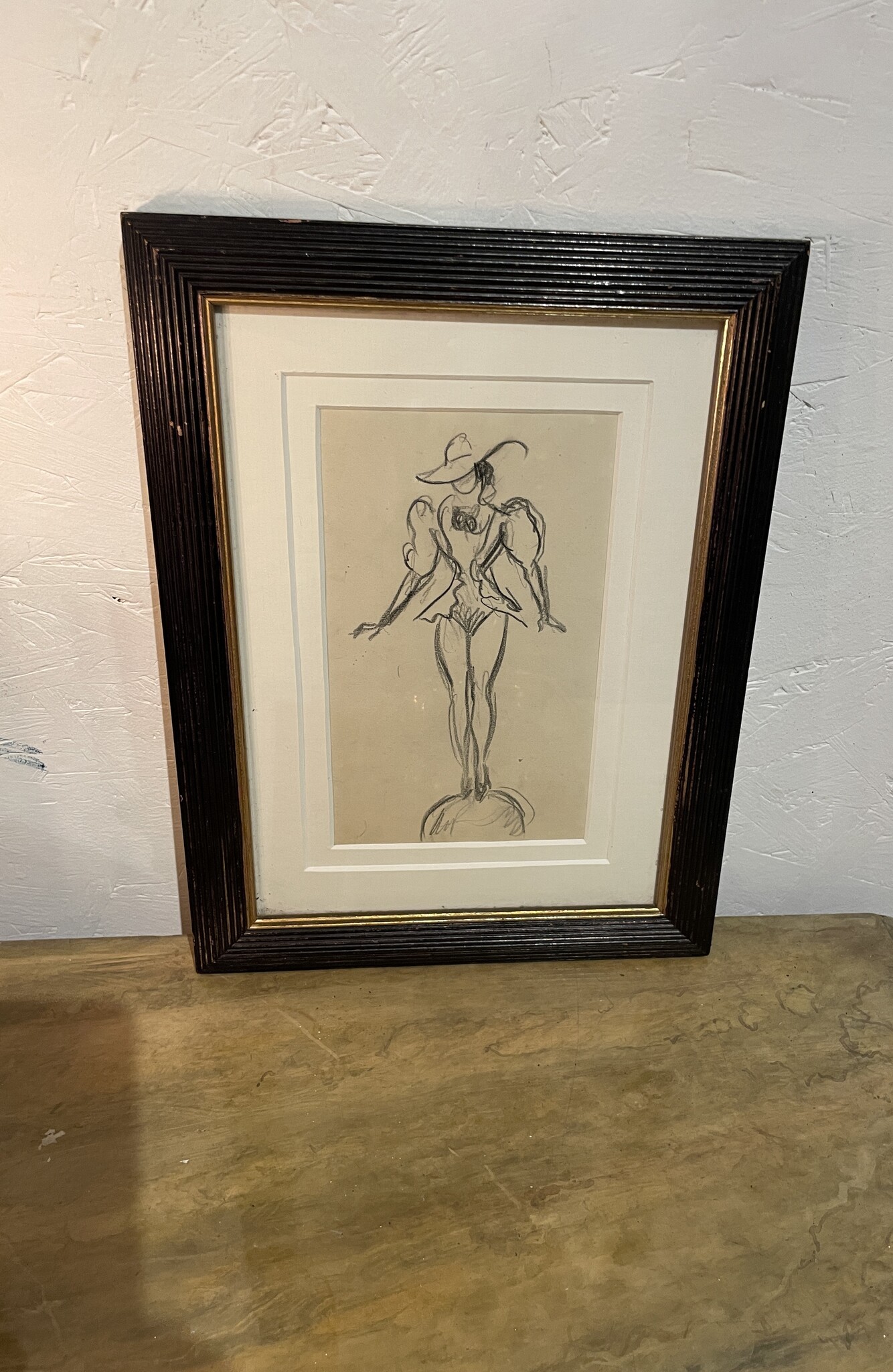 Tekening van Circus artieste op bal, Robert Lepeltier, in mooie oude lijst