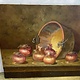 Merry 'kitchen painting' of onions draped from a pot on a table.