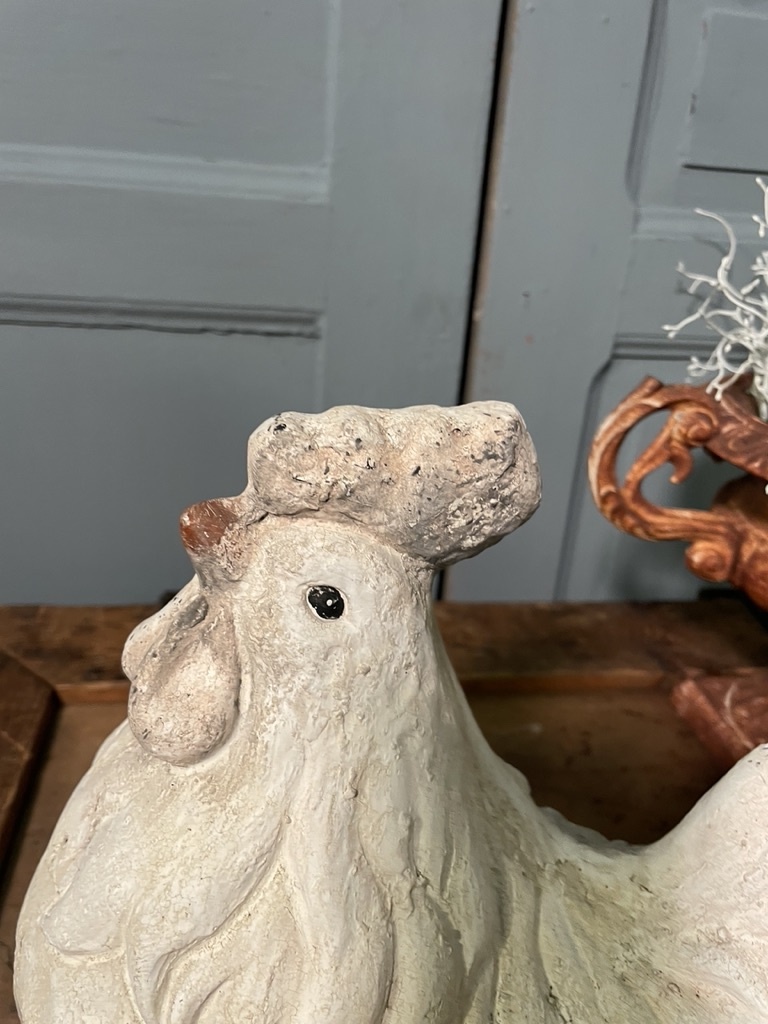 Vintage garden statue, white rooster with large feet