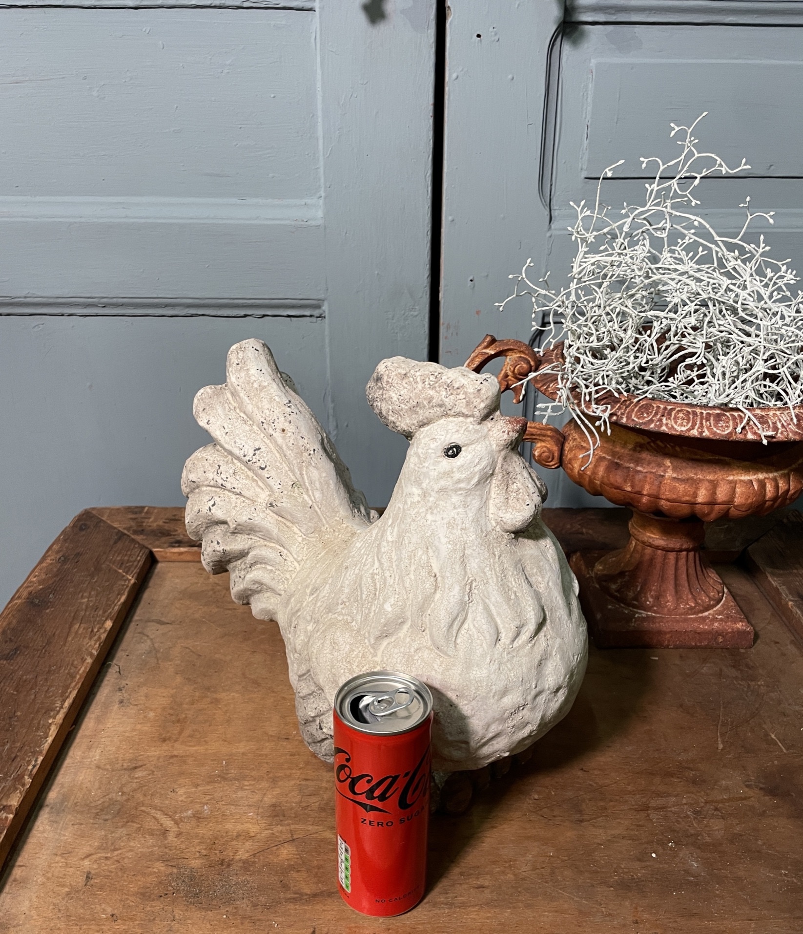 Vintage garden statue, white rooster with large feet