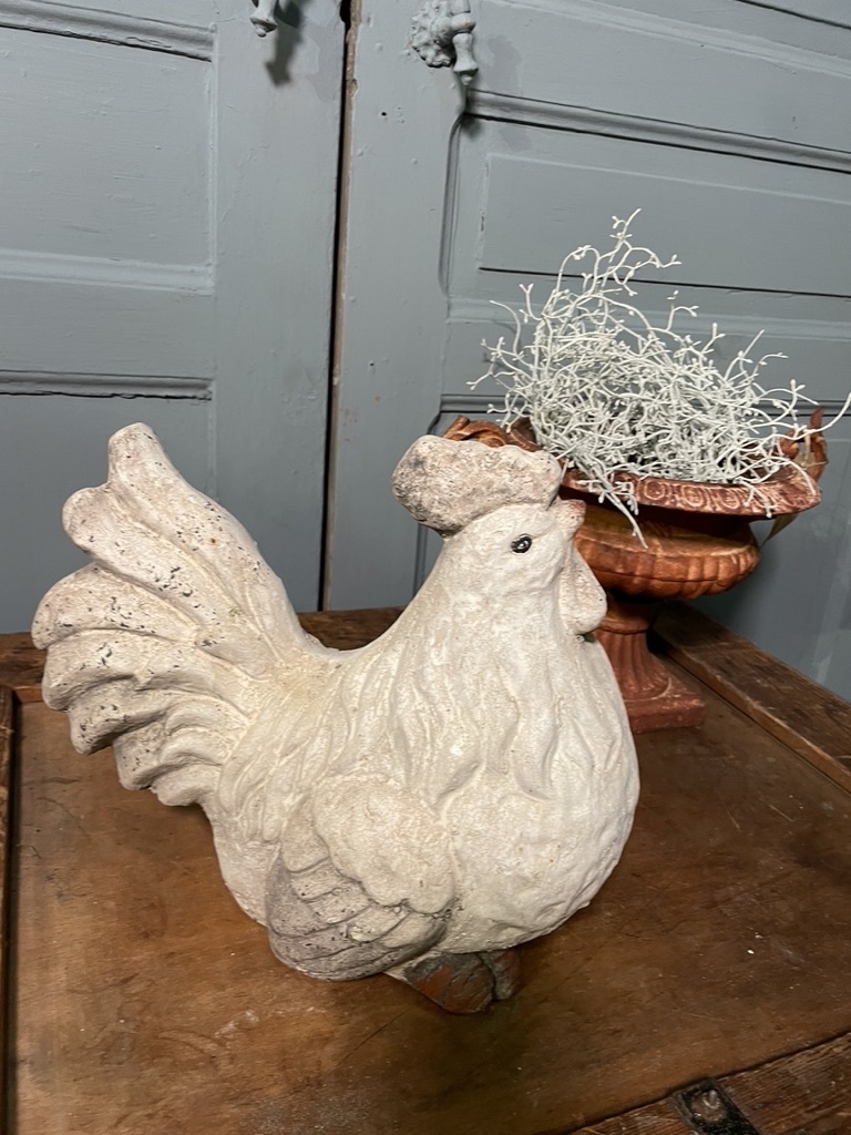 Vintage garden statue, white rooster with large feet