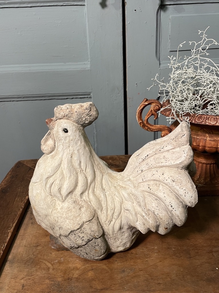 Vintage garden statue, white rooster with large feet