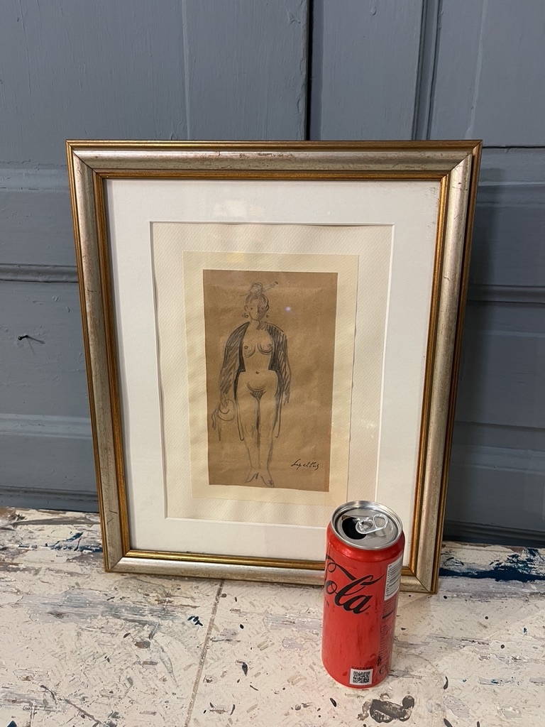 Pair of pencil drawings of circus artists and a lady in her dressing room