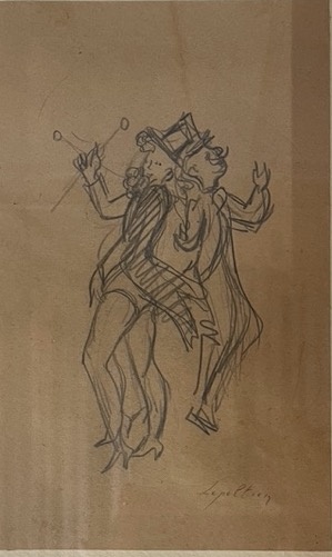 Stel potlood tekeningen van  artiesten, een stelletje acrobaten en een dame zonder kleren