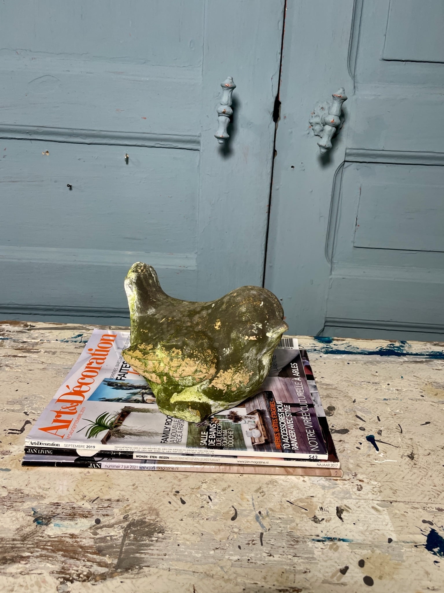 Lief vintage tuinbeeldje, dik vogeltje, mooi patina