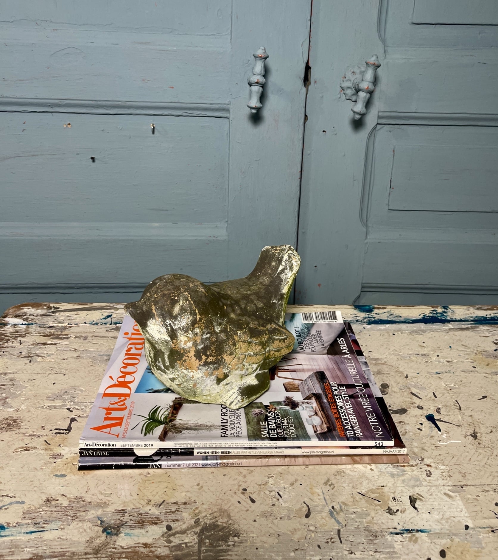 Lief vintage tuinbeeldje, dik vogeltje, mooi patina