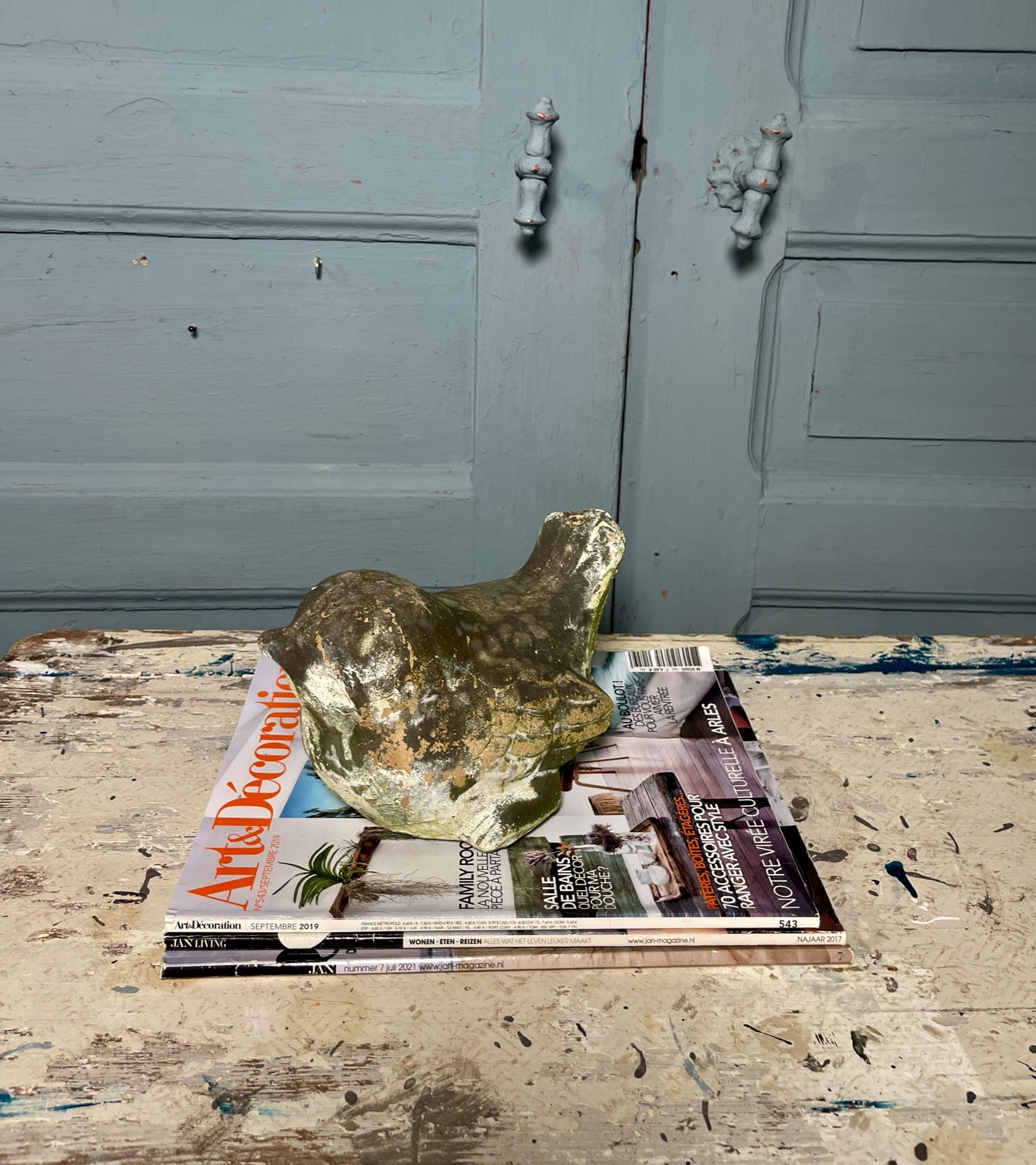 Sweet vintage garden statue,  little oversized bird, lovely patina
