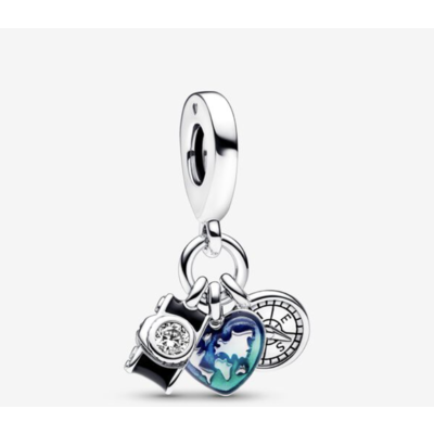 Pandora Pandora Camera, Heart & Compass Triple Dangle Charm 792703C01 Pandora Pandora Camera, Heart & Compass Triple Dangle Charm 792703C01