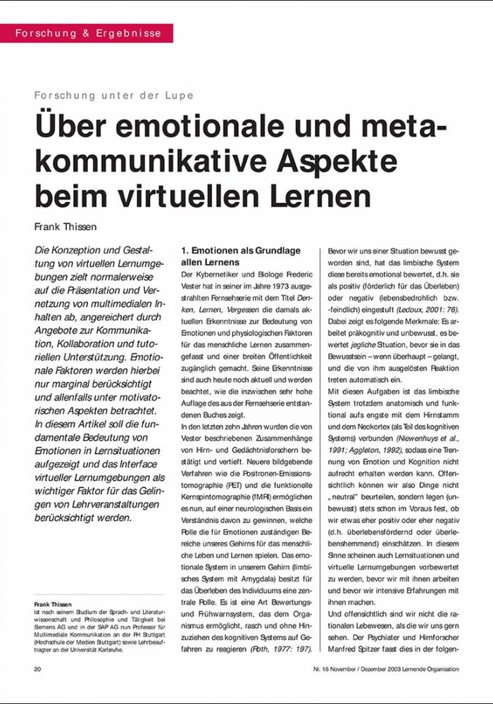 Über emotionale und metakommunikative Aspekte beim virtuellen Lernen