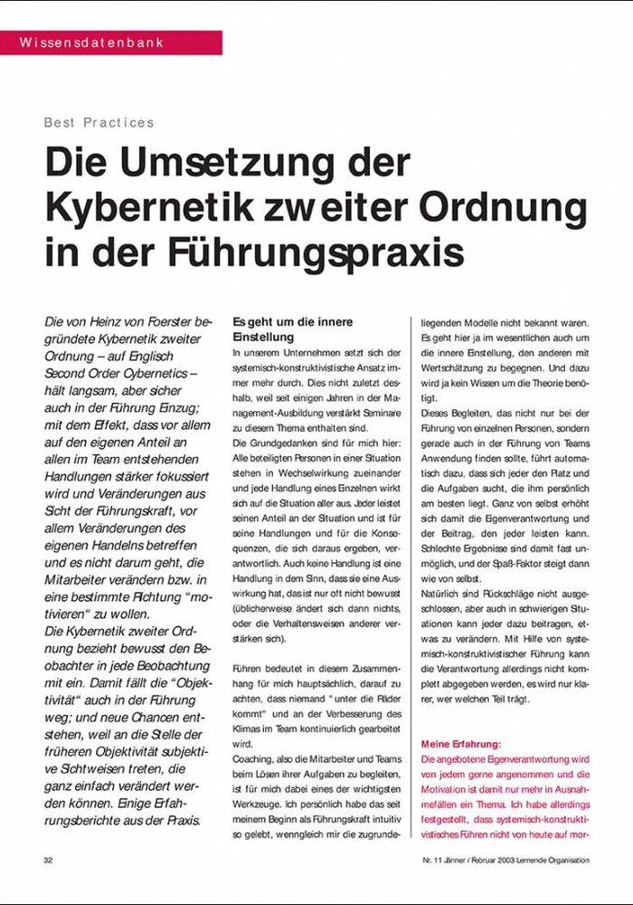Die Umsetzung der Kybernetik zweiter Ordnung in der Führungspraxis