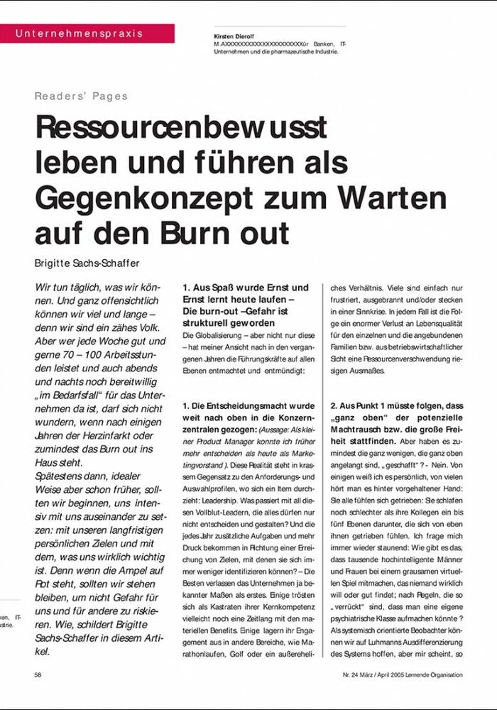Ressourcenbewusst leben und führen als Gegenkonzept zum Warten auf den Burn out