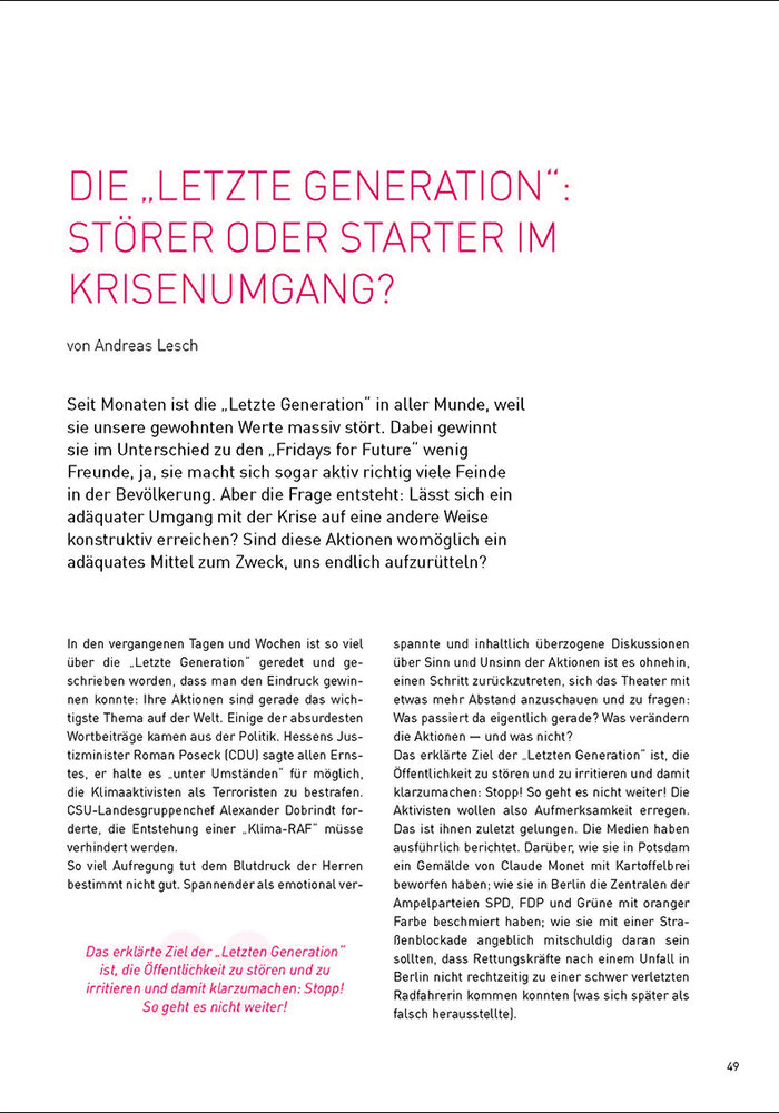 Die Letzte Generation: Störer oder Starter im Krisenumgang?
