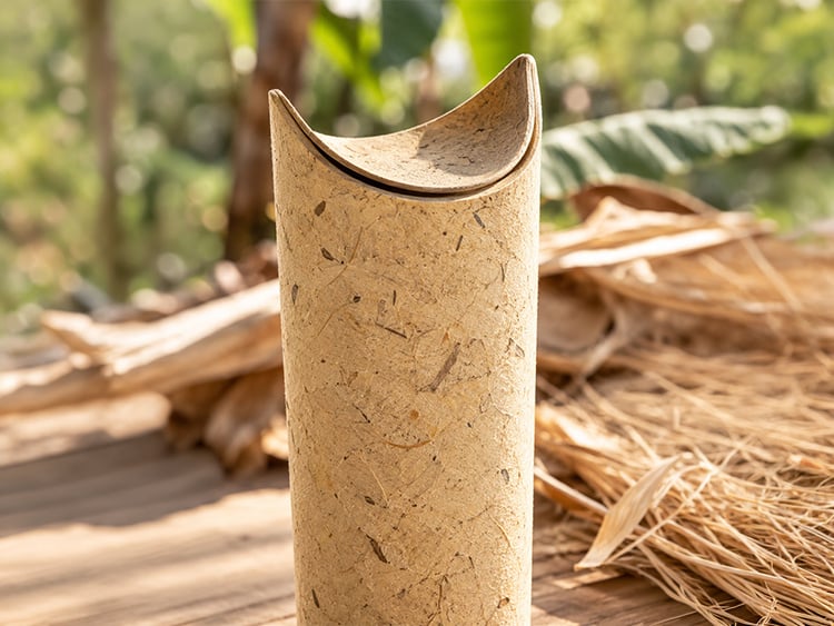 Ixora flowers and banana leaf fibres in biodegradable scattering urns