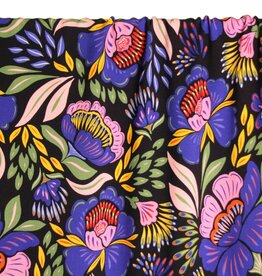 Atelier Jupe Viscose - Zwarte viscose met opvallende paarse bloemen