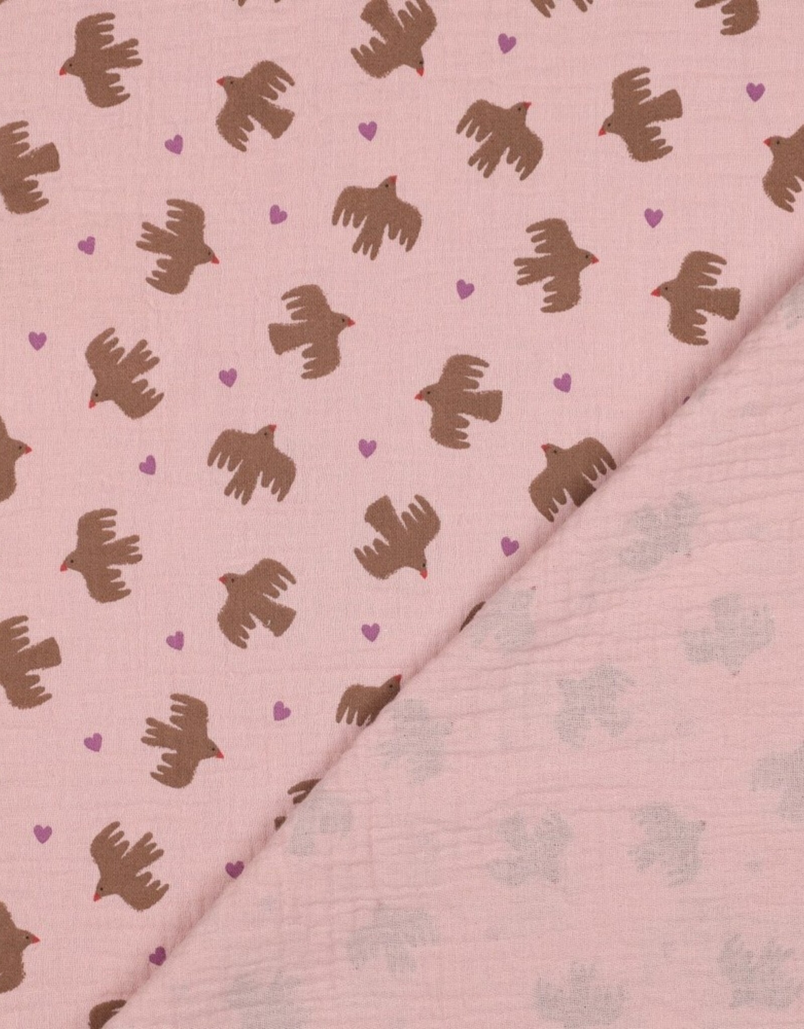 Double Gauze - Doves & Hearts - Rose