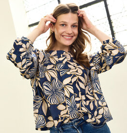 Atelier Jupe Viscose - jeansblauw met beige bloemen