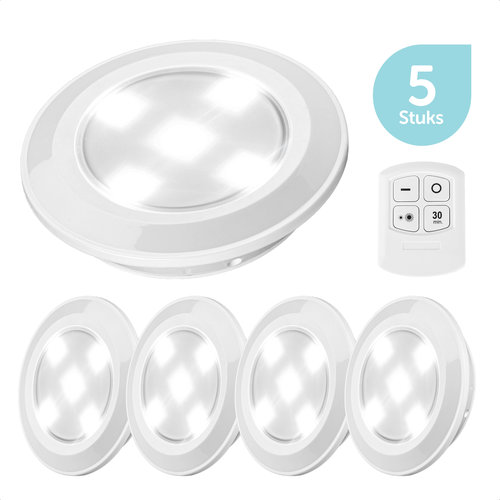 ForDig Draadloze LED Spots (5 stuks) - Inclusief Afstandsbediening - Licht Spotjes op Batterijen met Dimmer en Timer - 30 Lumen per Lamp met 3 Lichtstanden 