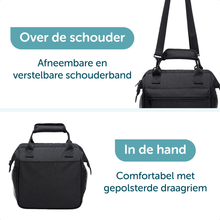 ForDig Lunchtas Zwart 10 liter - Koeltas Gemaakt van 600D Polyester met PEVA-Voering - Ruimte voor Lunchtrommel / Snacks / Blikjes - Koel Tas met Mesh Opbergruimtes en Ruimte voor Bestek - Lunch Tas Cool Bag - Coolerbag - Kleine Cooler