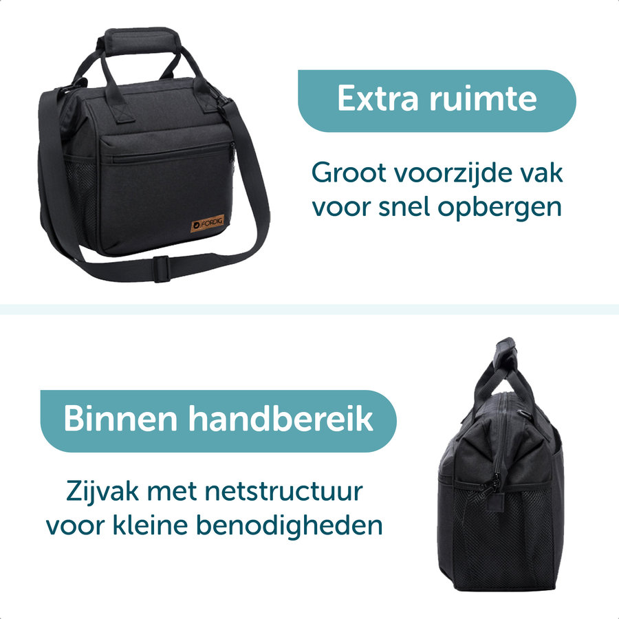 ForDig Lunchtas Zwart 10 liter - Koeltas Gemaakt van 600D Polyester met PEVA-Voering - Ruimte voor Lunchtrommel / Snacks / Blikjes - Koel Tas met Mesh Opbergruimtes en Ruimte voor Bestek - Lunch Tas Cool Bag - Coolerbag - Kleine Cooler