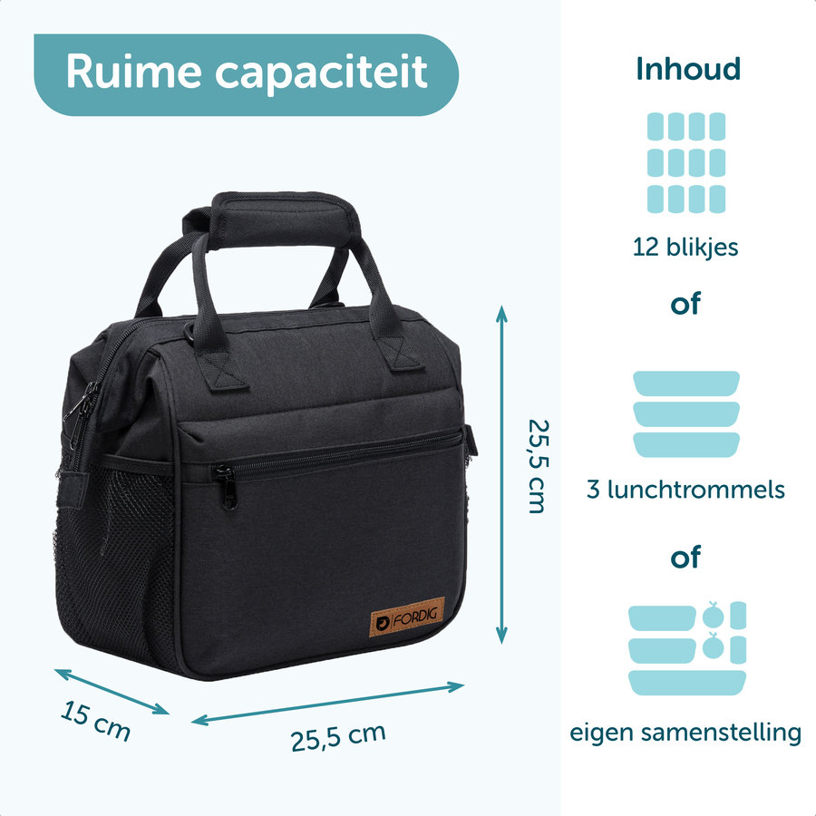 ForDig Lunchtas Zwart 10 liter - Koeltas Gemaakt van 600D Polyester met PEVA-Voering - Ruimte voor Lunchtrommel / Snacks / Blikjes - Koel Tas met Mesh Opbergruimtes en Ruimte voor Bestek - Lunch Tas Cool Bag - Coolerbag - Kleine Cooler