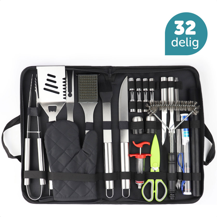 ForDig 32-delige BBQ Set - Barbeque Accessoires Incl Draagtas - Gereedschap & Gerei Set Bestaande Uit Grilspatel / Griltang / Grilmat / Vleesmes / Vork / Vleesinjectiespuit / Vleesthermometer / Spiesjes / Maishouder / Schaar / Borstel / Ovenwant