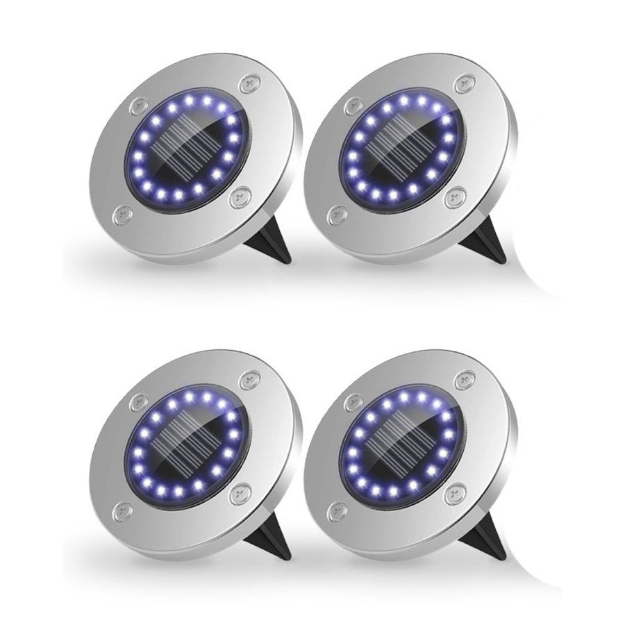 ForDig Solar Grondspots (4 stuks) - RVS Grond Spots op Zonne-energie met 16 LED Spotjes - 10 Uur Buiten Verlichting in Tuin - IP65 Waterdicht - Tuinverlichting Lamp - Buitenverlichting Tuinlamp