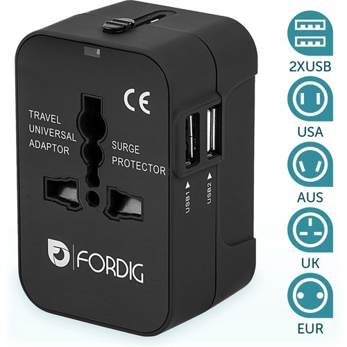ForDig Universele Wereldstekker met 2 Fast Charge USB Poorten - Reisstekker Geschikt voor 150+ Landen - Reis Stekker Adapter 