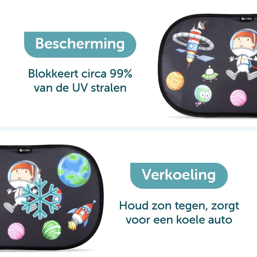 ForDig Zonnescherm Auto Astronaut (2 Stuks) - Extra Donker - Zonwering UV Protectie voor Auto Zijruit - Zonwering Auto - Zonder zuignappen - 80 GSM - 51 x 31 CM