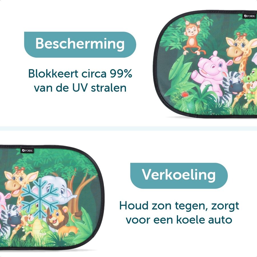 ForDig Zonnescherm Auto Jungle (2 Stuks) - Extra Donker - Zonwering UV Protectie voor Auto Zijruit - Zonwering Auto - Zonder zuignappen - 80 GSM - 51 x 31 CM