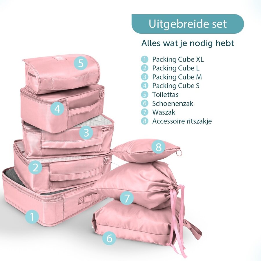 ForDig 8-Delige Packing Cubes (Roze) - Koffer Organizer Set - Bagage Organizers - Compression Cube Tassen - Travel Backpack Kleding Zakken