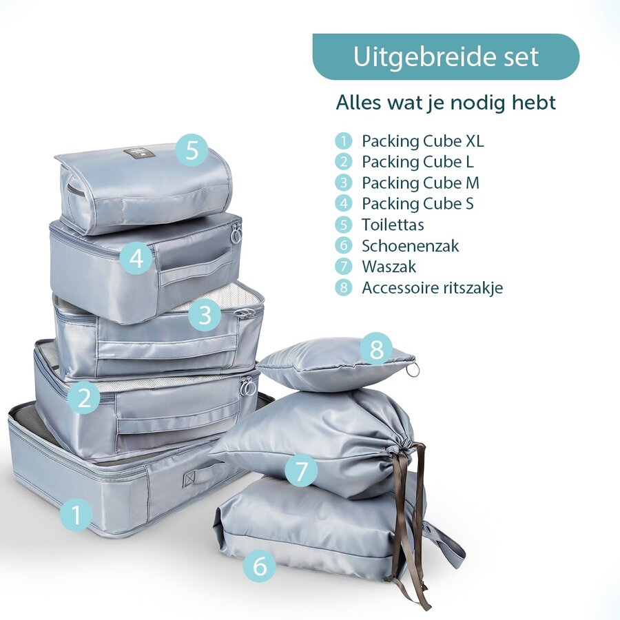 ForDig 8-Delige Packing Cubes (Grijs) - Koffer Organizer Set - Bagage Organizers - Compression Cube Tassen - Travel Backpack Kleding Zakken