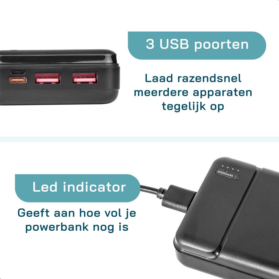 ForDig Oplaadbare Powerbank 20.000mAh - Snel laad functie / Quick charge - Incl. Kabel - 22.5W Snellader - Fast Charge 4 Poorten - 2 USB / USB-C / Micro USB - Compact Design Oplader - Geschikt voor o.a. iPhone & Samsung