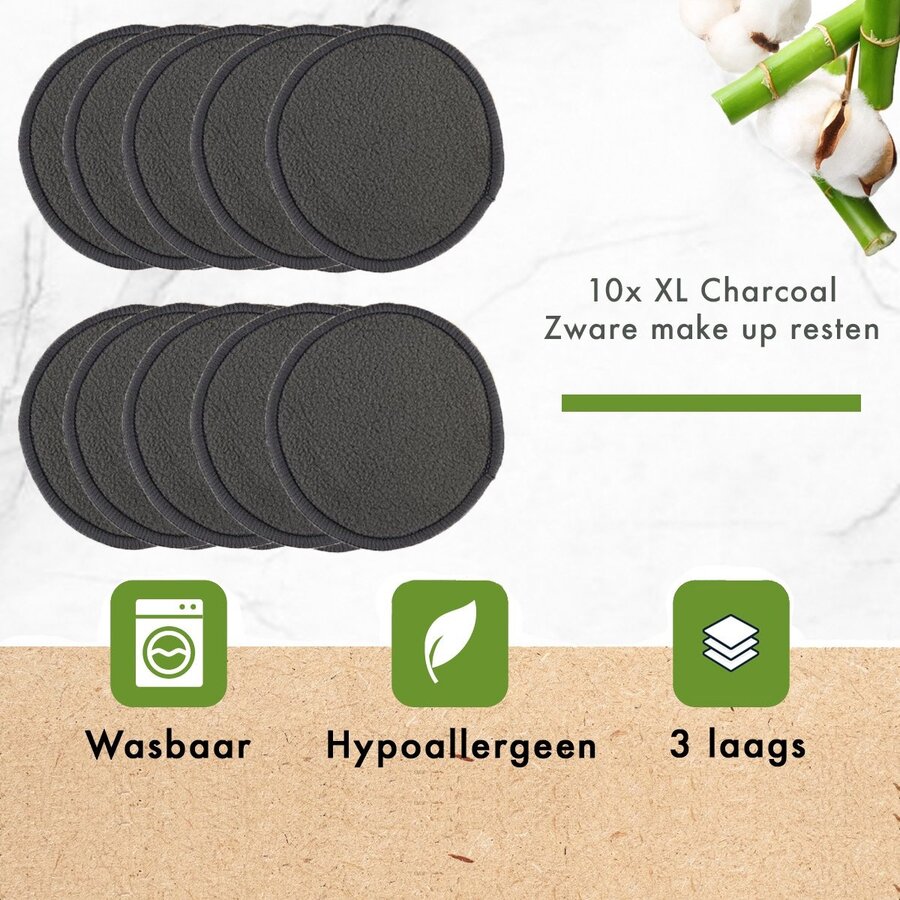 Nutty Green Hypoallergeen Bamboe Wattenschijfjes (10 stuks) - Inclusief Gratis Wasnetje - Gezichtsreiniging Set - Herbruikbare en Wasbare Wattenschijf - Make Up Remover Pads - Basic Watjes - Charcoal Watten - Zero Waste Lifestyle Project