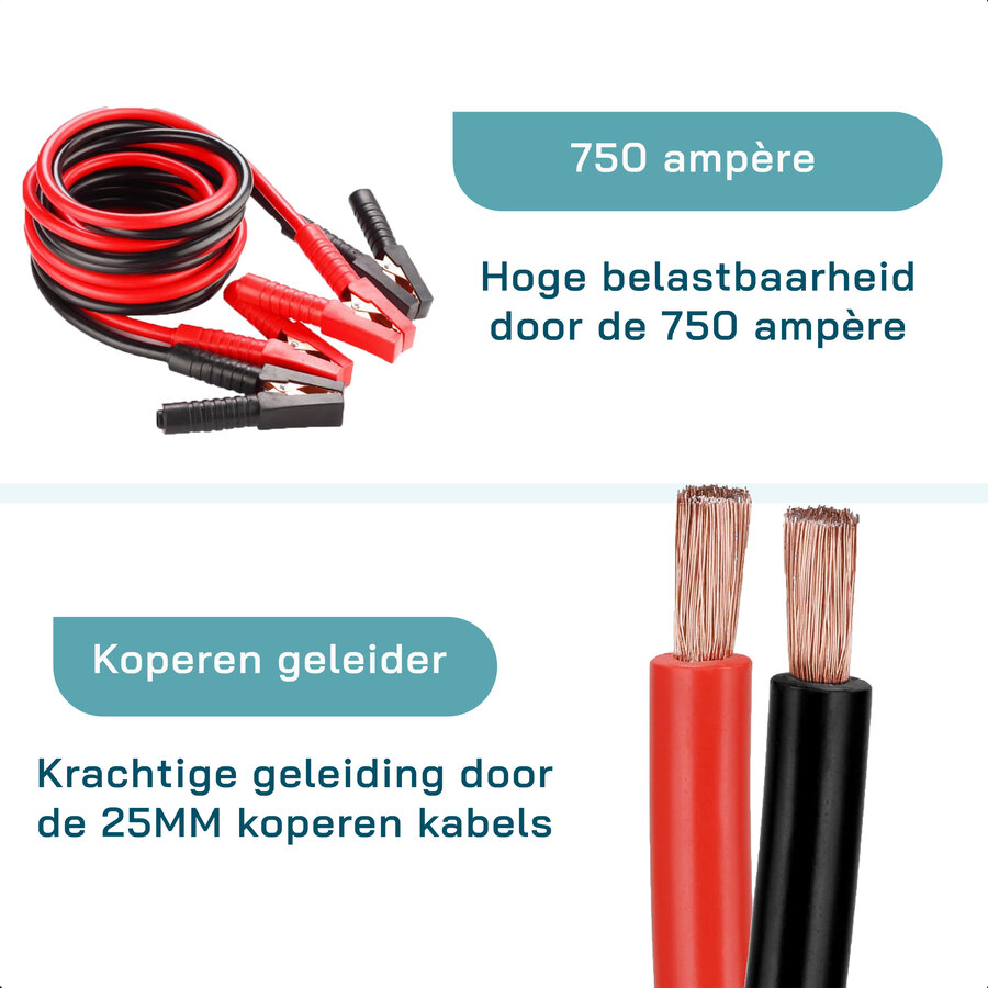 ForDig Startkabels 25 mm2 / 3.5M / 750A - Incl. Opbergtas - Geschikt voor Auto / Bus / Tractor / Vrachtwagen / Boot - Start Kabels met Geïsoleerde Handgrepen - Starthulp Kabel