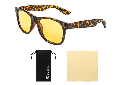 ForDig Nachtbril (Leopard) - Incl. Brillenhoes en Schoonmaakdoek - Overzetbril Auto - Opzetbril Nacht - Geel Overzet Bril Computer - Gele Night Vision Glasses - Autobril Gamebril Computerbril Beeldschermbril tegen Licht - Unisex 