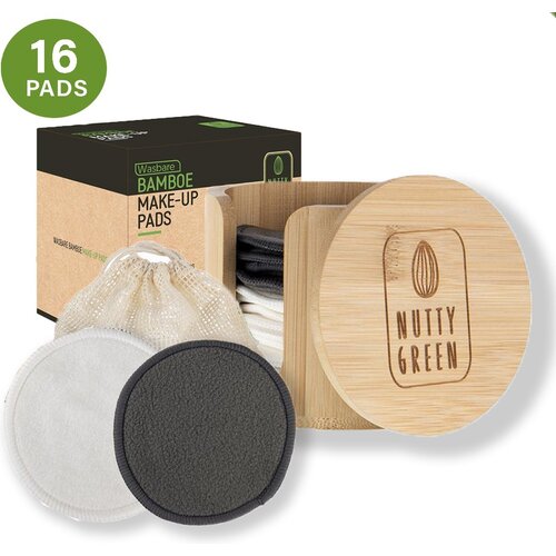 Nutty Green Hypoallergeen Bamboe Wattenschijfjes (16 stuks) - Inclusief Bewaarpot en Gratis Wasnetje - Gezichtsreiniging Set - Herbruikbare en Wasbare Wattenschijf - Make Up Remover Pads - Basic Watjes - Charcoal Watten - Zero Waste Lifestyle Project 