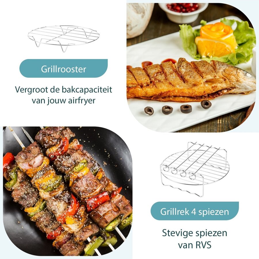 ForDig 8-Delige Heteluchtfriteuse Accessoires Set - Geschikt voor Phillips Airfryer XL & XXL / Princess Aerofryer / Tefal Easy Fry / Tristar Crispy Fryer - Incl. Pizza Pan / Grillrooster / Grillrek / Broodrek / Cakevorm