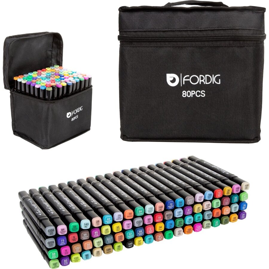 ForDig Twinmarker Set (80 stuks) - Incl. Opbergtas - Twin Markers voor Volwassenen en Kinderen - Dual Alcohol Markers - Twinmarkers Stiften - Dikke Markeerstiften - Duo Kleurstiften - Dubbele Tip Fineliners