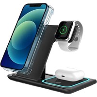 ForDig 3-in-1 Draadloze Oplader (Zwart) Docking Station - 15 Watt Snellader - Geschikt voor iPhone & Android Telefoon / Apple iWatch & Airpods / Samsung Galaxy Buds - Draadloos GSM QI Lader - Wireless Charger