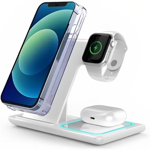 ForDig 3-in-1 Draadloze Oplader (Wit) Docking Station - 15 Watt Snellader - Geschikt voor iPhone & Android Telefoon / Apple iWatch & Airpods / Samsung Galaxy Buds - Draadloos GSM QI Lader - Wireless Charger 