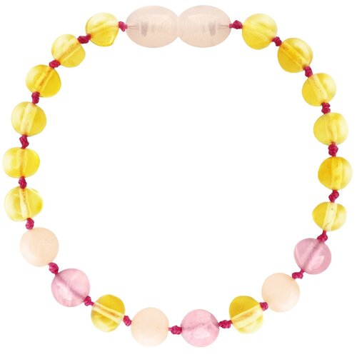 Wild Sun Barnsteen Armband Baby / Peuter - Amber Enkelbandje - Baltische Barnsteen - Pijnstillend bij Doorkomende Tanden - 14 cm -  Lemon / Rose Quartz / Pink Jade 