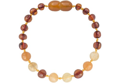 Wild Sun Barnsteen Armband Kind - Amber Enkelbandje - Baltische Barnsteen – 16,5 cm - Cognac / Aventurijn 