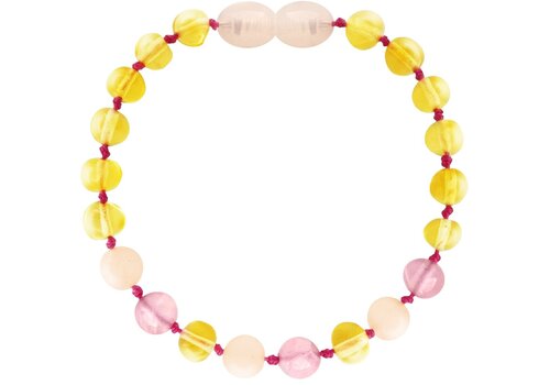 Wild Sun Barnsteen Armband Kind - Amber Enkelbandje - Baltische Barnsteen – 16,5 cm - Lemon / Rose Quartz / Pink Jade 