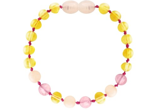 Wild Sun Barnsteen Armband Volwassene - Amber Enkelbandje Kind - Baltische Barnsteen – 19 cm - Lemon / Rose Quartz / Pink Jade 